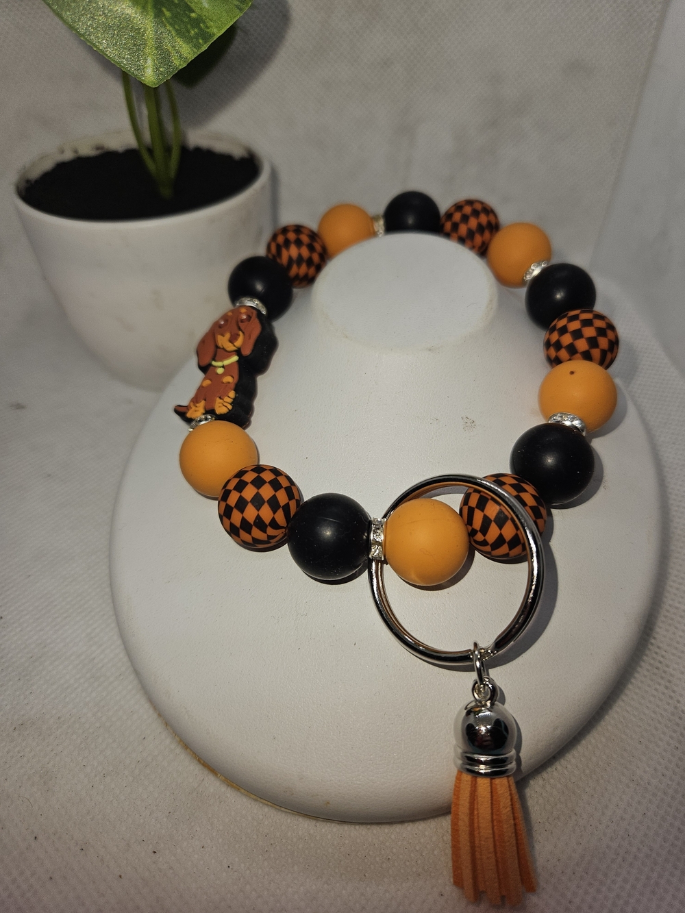Orange & Black Beaded Charm Wristlet with Tassel